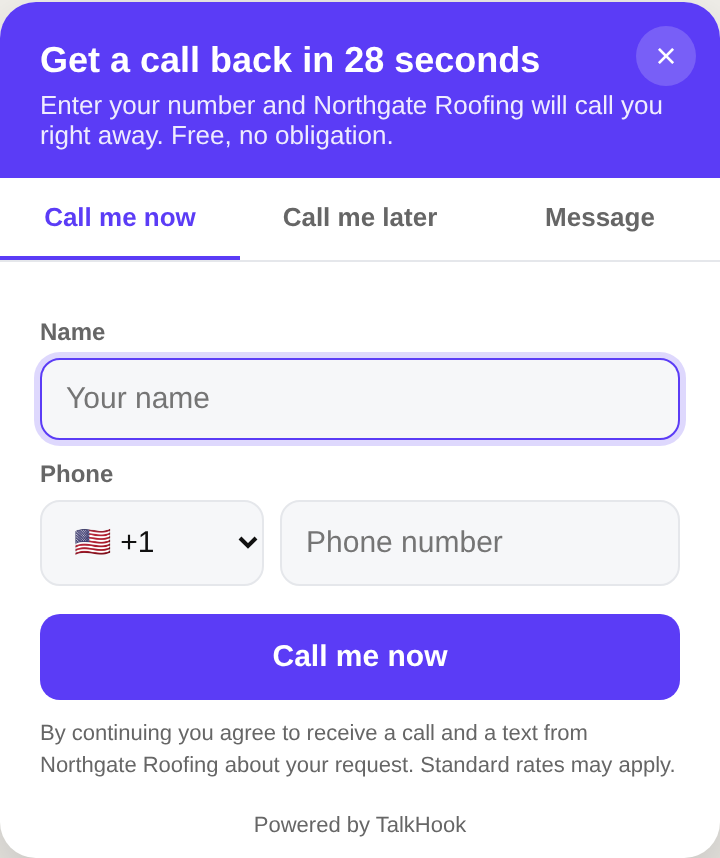 The TalkHook popup as a customer sees it on a business website: a name box, a phone box and a Call me now button. There is no code.